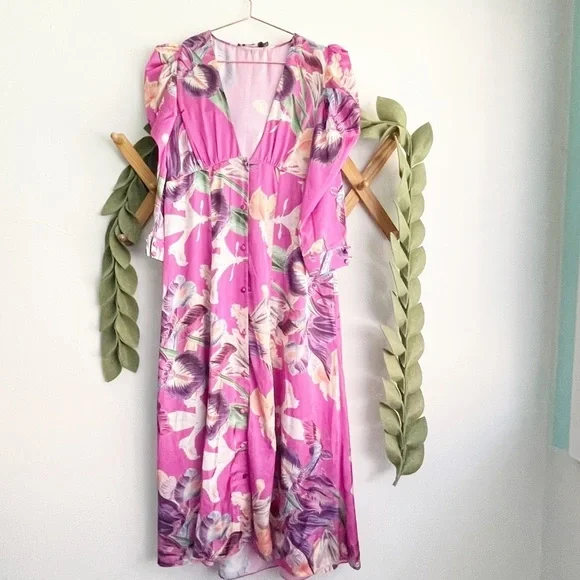 PatBO Grace Floral Puff Sleeve Midi Dress